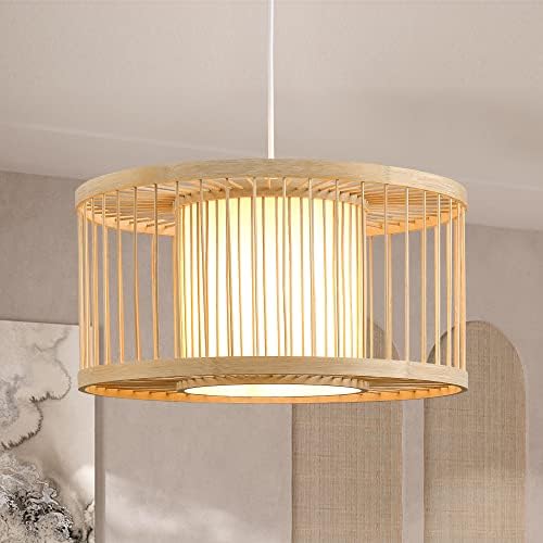 Boho Rattan Pendant Lights, 15.8" Coastal Drum Wicker Hanging Light Japanese Country Light for Dining Room Kitchen Living Room Bedroom, 1-Light E26 Base by Karjearl