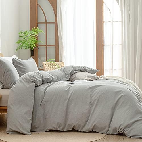 BESTOUCH Cotton Solid Duvet Cover Set Linen Feel Light Grey Super Queen - Image 3