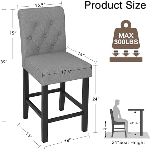 LSSBOUGHT 24 Inches Upholstered Counter Height Bar Stools Kitchen Island Chairs Padded Barstools with Button-Tufted Back and Solid Wood Legs Set of 2（Gray） - Image 2
