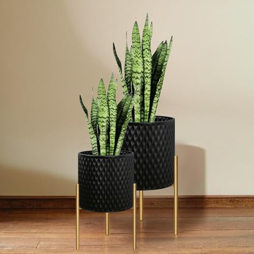 ARNIS Plants Pots with Stand, Large Size Flower Pots, Set of 2 Unique Mid Century Decorative Metal Flower Pots with Drainage,10.5&12.25 Inch, Black by ARNIS