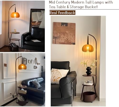 Bofea-Modern Arc Floor Lamp with Table & Shelves,Vintage Floor Lamps for Living Room,Mid Century Tall Standing Lamp with Walnut Shade,Adjustment Height Corner Lights for Bedroom Study Office - Image 5
