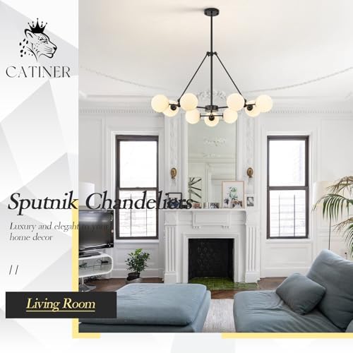 CATINER Modern 40" 9-Light Black Sputnik Chandelier with Milk Glass Globe - Image 7