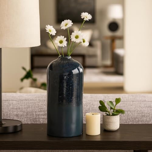 Polished Ceramic Vase for Bathroom Decor - Circle Earthenware Centerpiece for Home, Bedroom, Kitchen, and Living Room - Contemporary Flower Pots for Office, Entryway and Hallway - 14", Blue - Image 2