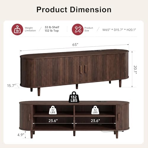 65" Mid Century Modern TV Stand, Wood TV Consoles with Sliding Doors and Power Outlet, Fluted Entertainment Center with Adjustable Shelves, Media Console for Living Room, Walnut - Image 3