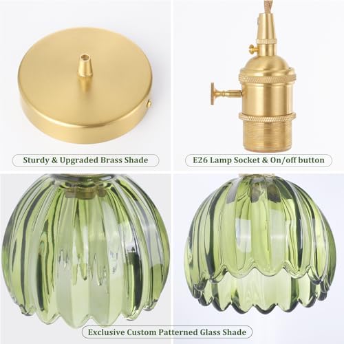 Shenmoyl Pendant Light with Green Tulip Glass Lmapshade, Brass Vintage Pendant Light Adjustable Hanging Light for Kitchen Island Dining Room Hallway - Image 5