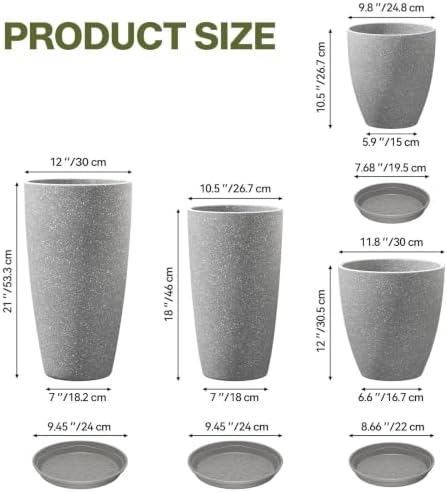 ZMTECH 4 Pack Plastic Planters 21/18/12/10in, Indoor Outdoor Round Planter for Porch, Large Plant Pot with Drainage Hole for Home Garden Front Door, Modern Decorative Pots for Plants (Light Gray) - Image 2