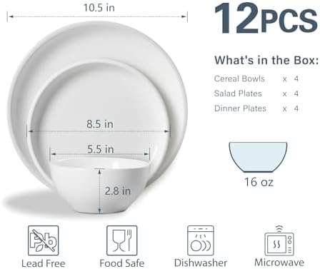 ONEMORE Plates and Bowls Set 12 Pcs,Stoneware Dinnerware Sets for 4 Microwavable,Oven & Dishwasher Safe Porcelain,Scratch Resistant Dishes Set,White - Image 2