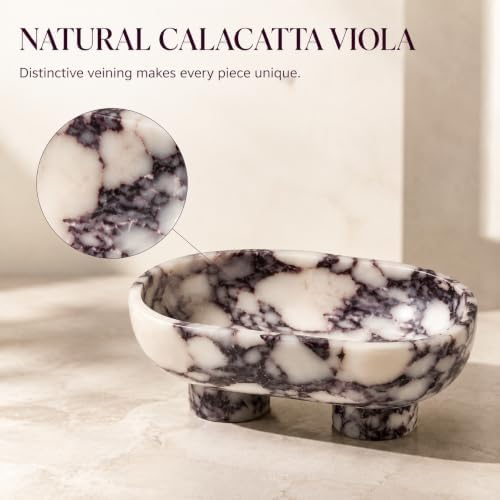 Calacatta Viola Marble Fruit Bowl, 10 Inch Large Oval Stone Fruits Holder with 2 Legs, Luxury Decorative Bowl for Kitchen Counter & Dining Table - Image 2