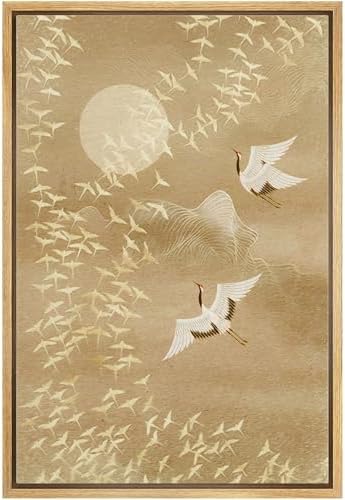 NWT Framed Canvas Print Wall Art Watercolor Crane Birds Flying Nature Wilderness Illustrations Modern Art Decorative Landscape Rustic Zen Colorful for Living Room, Bedroom, Office - 16"x24" Natural by NWT
