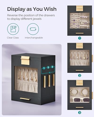 SONGMICS 5-Layer Jewelry Box with Glass Window, 3 Side Drawers - Image 3