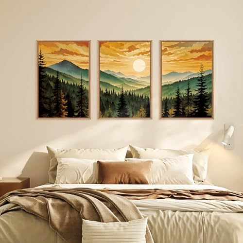 LHIUEM Large Boho Sunset Mountain Framed Canvas Wall Art,Retro Pine Tree Wall Decor,Nature Foggy Forest Wall Painting,Bohemian Landscape Artwork for Living Room,Bedroom,Dining Room,Office -16"x24"x3 - Image 5