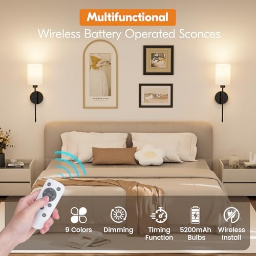 NIORSUN 20.67 inch Battery Operated Wall Sconce Set of 2, Black Rechargeable Wall Lights with 10400mAh Dimmable Bulbs and Remote, 9 Colors Wireless Wall Lamps for Bedroom Living Room Hallway - Image 6