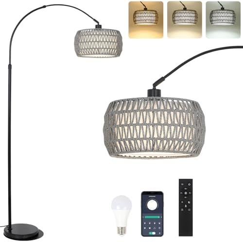 Arc Standing Lamp, Boho Floor Lamps for living room with Remote and LED Dimming Bulb, Rattan Tall Lamp for Bedroom with 3 Color Temperatures, Height Adjustable Farmhouse Stand up Light for Office by EYASSI
