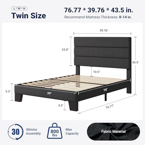 Allewie Twin Size Platform Bed Frame with Fabric Upholstered Headboard Gray - Image 2