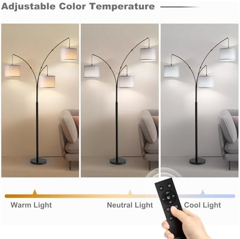 Floor lamp with Remote, 3 Light Arc Floor Lamps for Living Room, 2400LM Tall Standing Floor Lamps with Gray Shades, 80" Large Floor Lamp for Bedroom, Office - Image 5