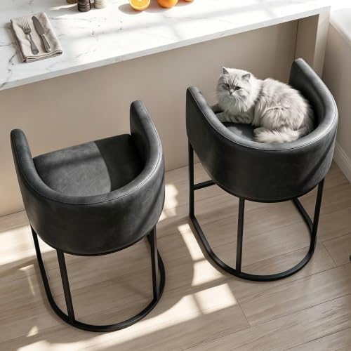 26" H Counter Height Bar Stools Set of 2, Modern Barrel Counter Stools with Backrest and Arms, Faux Leather Upholstered Accent Barstools for Kitchen Island,Support 450 LBS (Black) - Image 4