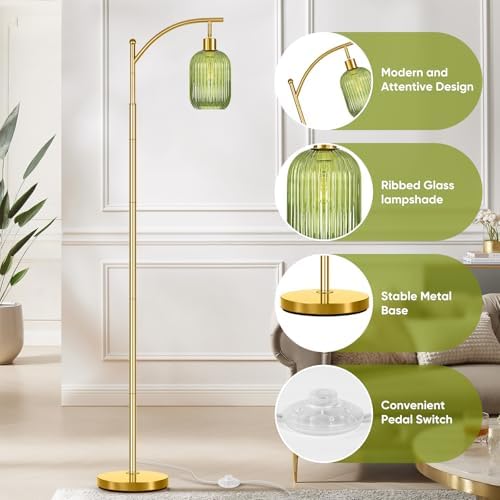 gernehop Gold Floor Lamp for Living Room with Remote Control,Unique Vintage Standing Tall Lamp,Mid Century Modern Floor Lamps Arc Green Glass Floor Lamps for Office Corner - Image 4