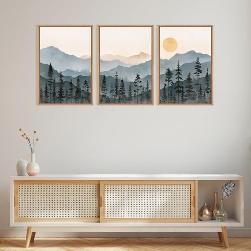 LHIUEM Boho Mountain Framed Canvas Wall Art Set,Forest Pine Tree Wall Decor, Sunrise Misty Wilderness Painting,Watercolor Nature Landscape Artwork for Living Room,Bedroom,Dining Room,Office -24"x36"x3 - Image 4