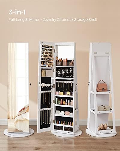 SONGMICS 6 LEDs Mirror Jewelry Cabinet Organizer, 360° Swivel, Lockable - Image 3