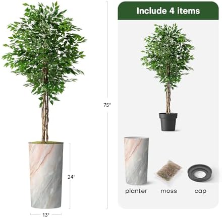 Artificial Tree in Modern Granite Effect Planter, Fake Ficus Silk Tree for Indoor and Outdoor Home Decoration - 75" Overall Tall (Plant Pot Plus Tree) - Image 3