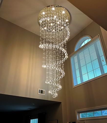 HAIXIANG LED High Ceiling Chandelier Crystal Chandeliers Light Fixtures with Dimmable Light Bulbs Gold Living Room Foyer Chandelier Modern Pendants Lights for Entryway Staircase Silver - Image 5