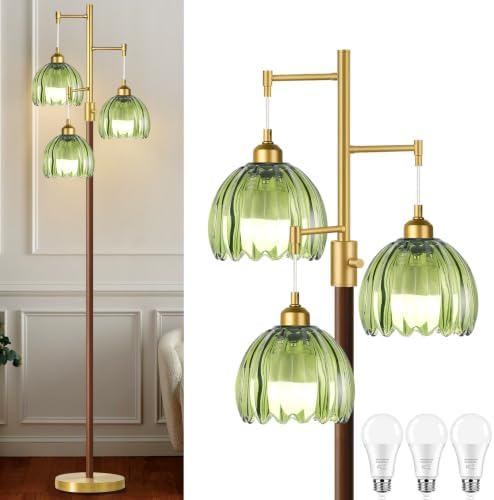Wood Floor Lamps for Living Room Bedroom-3 Light Gold Floor Lamp with Glass Lampshape, Flower Tall Lamp Glass Mid Century Standing Lamp Vintage Tree Floor Lamp for Bedroom Corner by Unknown