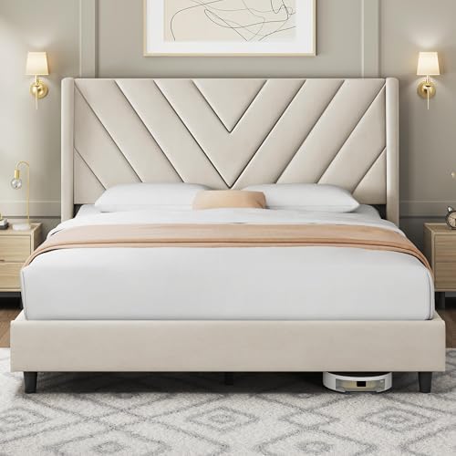 Yaheetech Queen Bed Frame with Chevron Channel-Tufted Headboard, Beige by Yaheetech