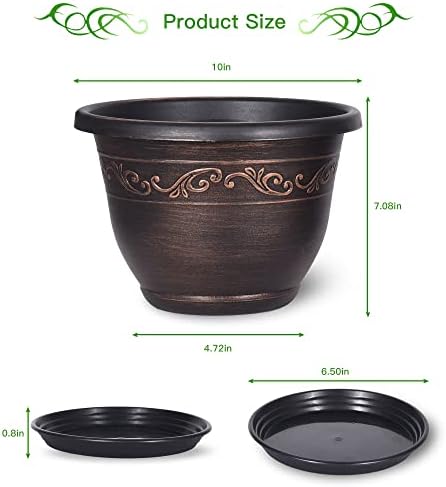 Plastic-Plant-Flower-Planters-10 Inch With Drainage Hole & Saucer, 3 Packs Lightweight Small Resin Flower Pot Indoor Outdoor, Retro Antique Imitation Decorative Garden Containers Sets For Houseplants - Image 2