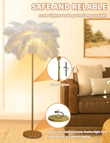 Feather Floor Lamp,Fluffy Ostrich Feather Floor Lamp for Bedroom,3 Color Temperatures Led Corner Modern Floor Lamps for Living Room Christmas Home Decor House Warming Gifts,63″ Height (White) - Image 6