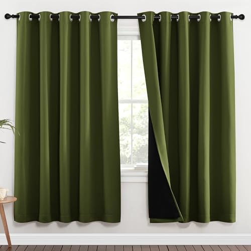 NICETOWN 100% Blackout Window Curtain Panels, Olive Green, 2 Pieces, 70-inch Wide Per Panel, Full Light Blocking Drapes with Black Liner for Nursery, 72-inch Drop Thermal Insulated Draperies by NICETOWN