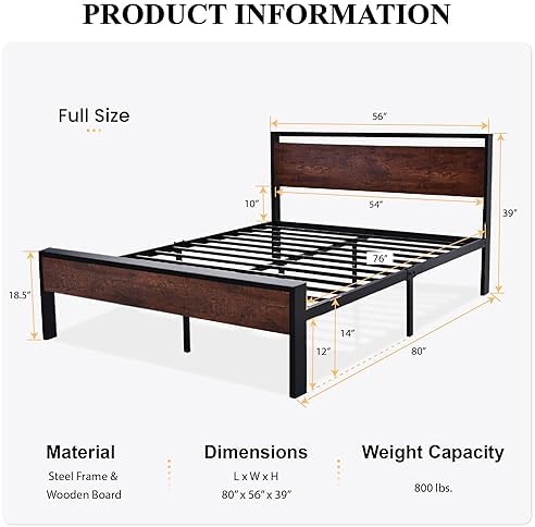 SHA CERLIN 14 Inch Full Size Metal Platform Bed Frame with Wooden Headboard and Footboard, Mattress Foundation, No Box Spring Needed, Large Under Bed Storage, Non-Slip Without Noise, Mahogany - Image 2