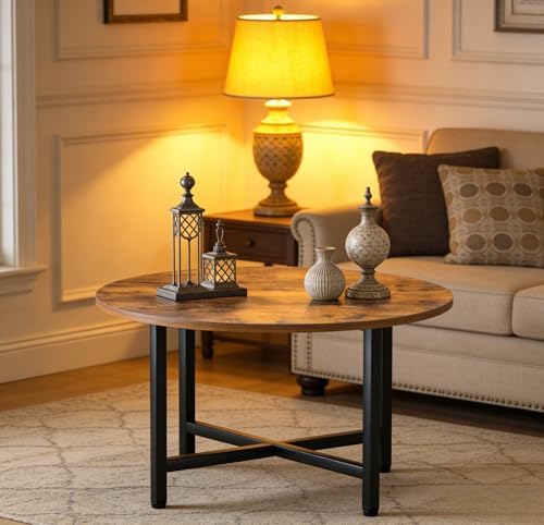 Coffee Table, 23.6" Round Coffee Table, Rustic Brown Living Room Tables - Image 2
