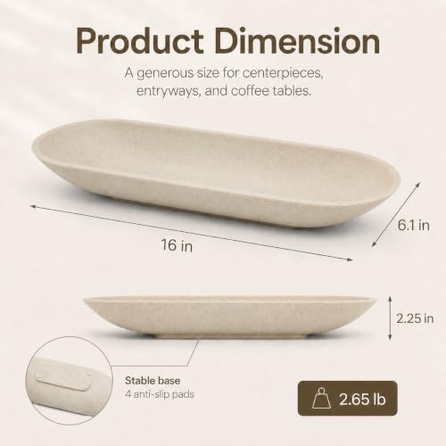 Long Decorative Bowl for Centerpiece, Dough Bowl for home decor 16" Beige - Image 3