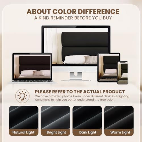 GRUSIGN Queen Size Platform Bed Frame with Velvet Headboard, Adjustable Height Wooden Slats Support, Upholstered Mattress Foundation, Fits Mattress or Mattress with Box Spring, Easy Assembly, Black - Image 6