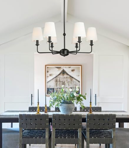 6-Light Black Pendant Chandelier with Fabric Shades, E12 Base - Farmhouse & Industrial Style for Kitchen, Living Room, Dining Room, or Bedroom Lighting - Image 5