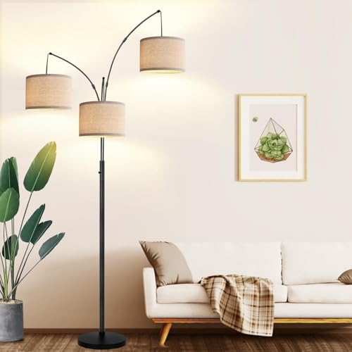 Dimmable 3 Lights Floor Lamp - 3000LM Super Bright Arc Floor Lamps for Living Room, Modern Tall Standing Lamp With Beige Shades, Mid Century Tree Floor Lamp for Bedroom Office, 3 LED Bulbs Included by Nintiue