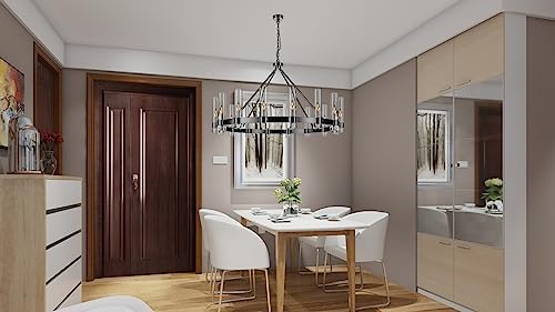 48 Inch Black Wagon Wheel Chandelier with Glass Shade, 16 Lights, Modern Farmhouse Style, Ideal for Dining Room, Kitchen, Entryways - Image 4