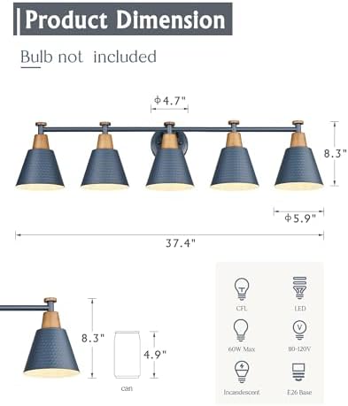 FEMILA 5 Light Bathroom Vanity Light, 37.4" Bathroom Lighting Fixtures Over Mirror, Blue Finish, E26 Base, 4FG59B-5W Blue - Image 2