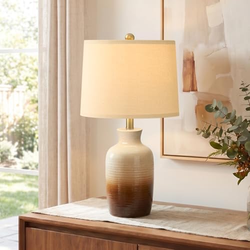 PoKat 24'' Farmhouse Handcrafted Table Lamp for Living Room, Rustic Ceramic Bedroom Lamps for Night Stands, Bedside Lamps with Soft Ombre Finish for Entryway Sideboard End Table (Beige and Brown) by Pokat