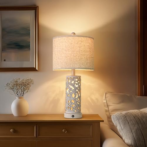OYEARS 22'' Farmhouse Table Lamp for Living Room, Bedside Lamp with 2 USB Ports for Bedroom, Rustic Nightstand Lamp with Linen Lampshade for Office Hallway Home Decor, Distressed Grey (Bulb Included) - Image 5