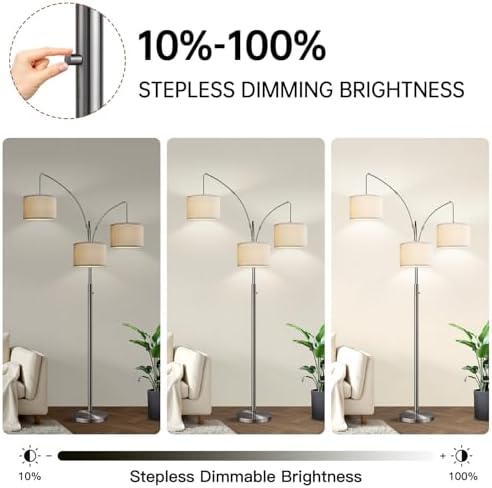 Dimmable Floor Lamp, 3 Lights Sliver Arc Floor Lamp, Modern Tall Standing Tree Lamp with White Linen Shades & Heavy Base, 3000LM LED Bulbs, Bright Lighting for Living Room, Bedroom, Office & Reading - Image 3
