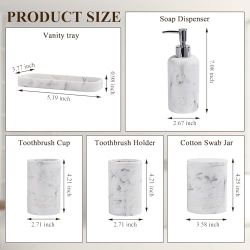 Bathroom Accessories Set, 6-Piece Bathroom Accessory Set, Toothbrush Holders Set, Soap Dispenser, Vanity Tray, Tumbler, Cotton Swab Jars, Bathroom Organizer for Modern Bathrooms (Marble White) - Image 7