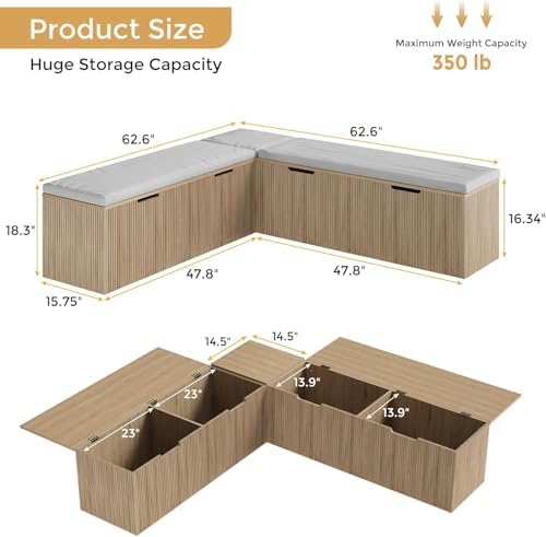 Bobve L-Shape Storage Bench with Cushion, Backless Corner Dining Bench, Kitchen Dining Nook Bench with Hidden Storage for Dining Room, Kitchen, Entryway (Natural Wood) - Image 2