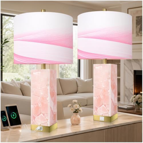 Scenekoy Pink Alabaster Table Lamp Set of 2 with Night Light for Bedroom by SCENEKOY