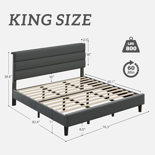 Fluest King Size Bed Frame, Platform Bed Frame with Velvet Upholstered Headboard, No Box Spring Needed, Sturdy Metal Support, Noise Free, Easy Assembly, Grey - Image 2