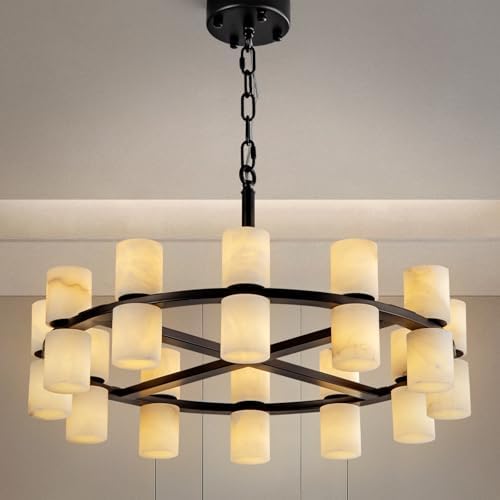 Alabaster Round Chandelier, Natural Spanish Stone Texture Chandeliers, D23.6in Round Chandeliers for Dining Room Small Chandelier Light Fixture for Kitchen Living Room Foyer Entryway Hallway (Black) by Unknown
