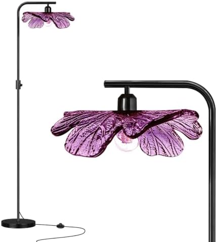 Arc floor lamp mid century modern tall lamp Dimmable floor lamp for Bedroom ,67" Black Standing Lamps vintage floor lamps Purple glass Flower floor light for Living Room corner Study Office Home by Auwieou