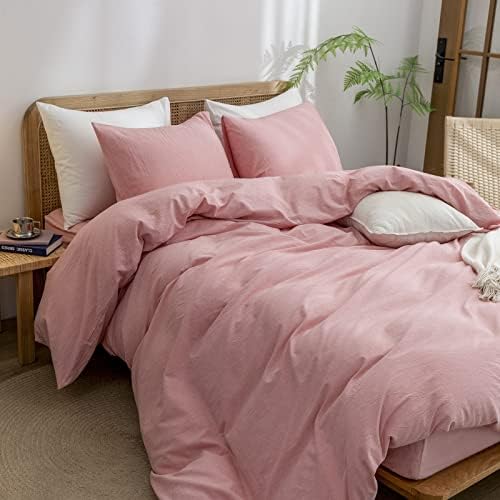 BESTOUCH Cotton Solid Duvet Cover Set Linen Feel Red Pink Twin - Image 5