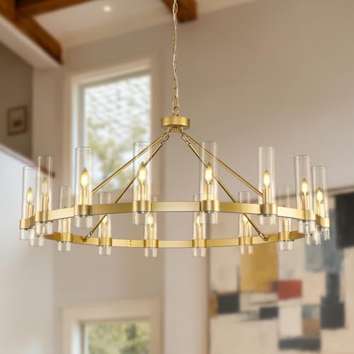 Gold Wagon Wheel Chandelier, 48 Inch Chandeliers with Glass Shade, 16 Light Chandelier for High Ceiling, Modern Farmhouse Chandeliers for Living Room, Dining Room, Entryway, Stairwell(Bulbs Included) by VarttyalHomeDecorativeLight