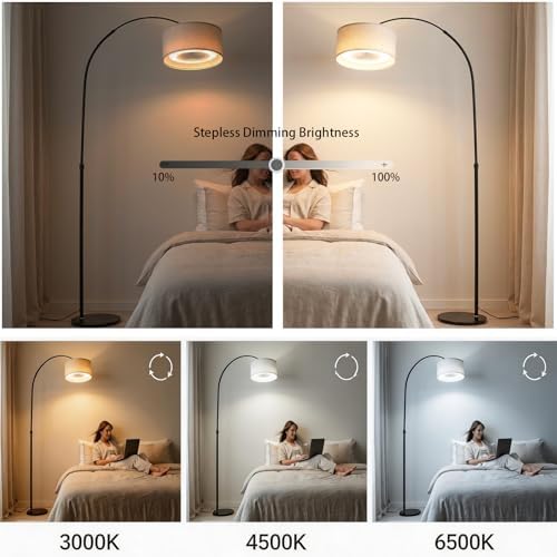 Arc Floor Lamp with Fan Dimmable Standing Lamp with Remote 3 Color Temperatures Adjustable for Living Room Bedroom Bright Reading Lamp with Marble Base - Image 2